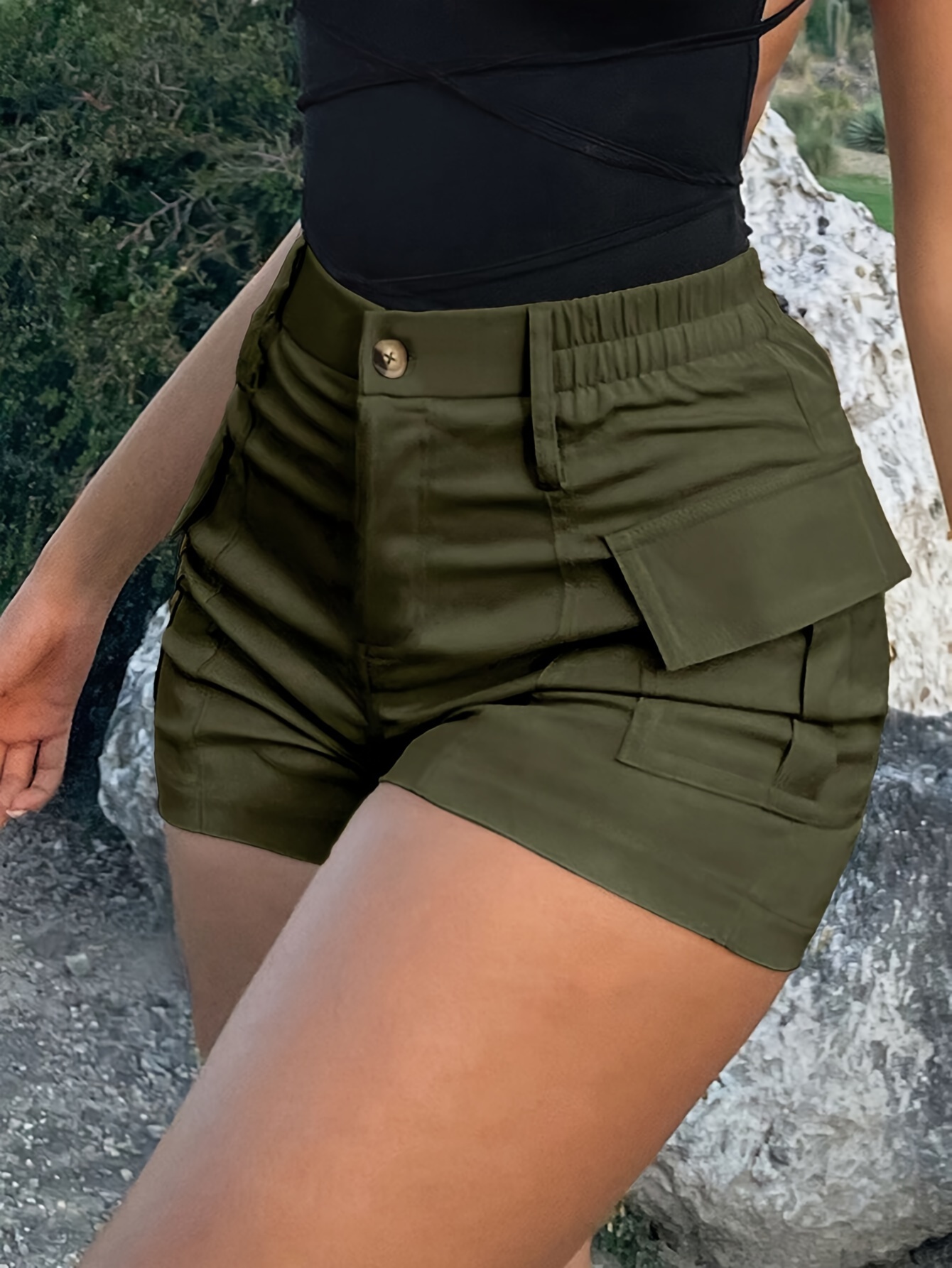 flap pocket high waist cargo shorts vacation fashion shorts for womens clothing details 3