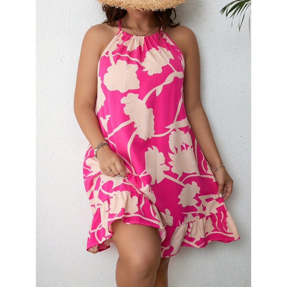 Plus Size Knee High Sleeveless Floral Print Pinafore Dress - Ruffle Hem, Drawstring, Strappy Back, Loose Fit, Woven Polyester - Perfect for Spring, Summer, Fall, Going Out, Vacation Plus Size Knee High Sleeveless Floral Print Pinafore Dress - Ruffle Hem, Drawstring, Strappy Back, Loose Fit, Woven Polyester - Perfect for Spring, Summer, Fall, Going Out, Vacation