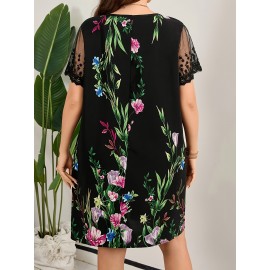 Plus Size Floral Print Dress - Flowy & Feminine with Mesh Detailing - Short Sleeve, Loose Fit for Spring & Summer - Perfect Casual Wear for Trendsetting Women Plus Size Floral Print Dress - Flowy & Feminine with Mesh Detailing - Short Sleeve, Loose Fit for Spring & Summer - Perfect Casual Wear for Trendsetting Women