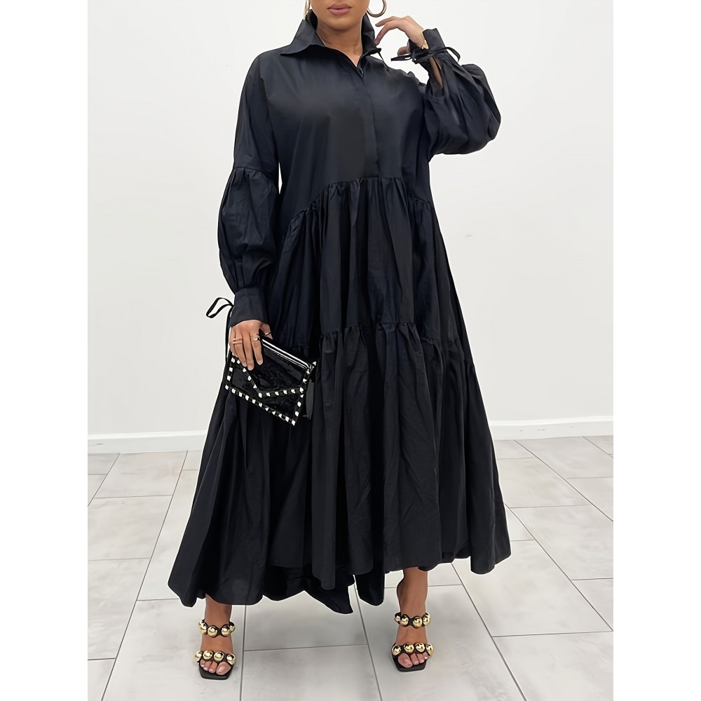 Flattering Plus Size Solid Color Maxi Dress - Refined Collar, Flowy Ruffle Hem, Long Sleeve Design - Perfect for Spring & Fall - Comfortable, Stylish Womens Wear for All Occasions Flattering Plus Size Solid Color Maxi Dress - Refined Collar, Flowy Ruffle Hem, Long Sleeve Design - Perfect for Spring & Fall - Comfortable, Stylish Womens Wear for All Occasions