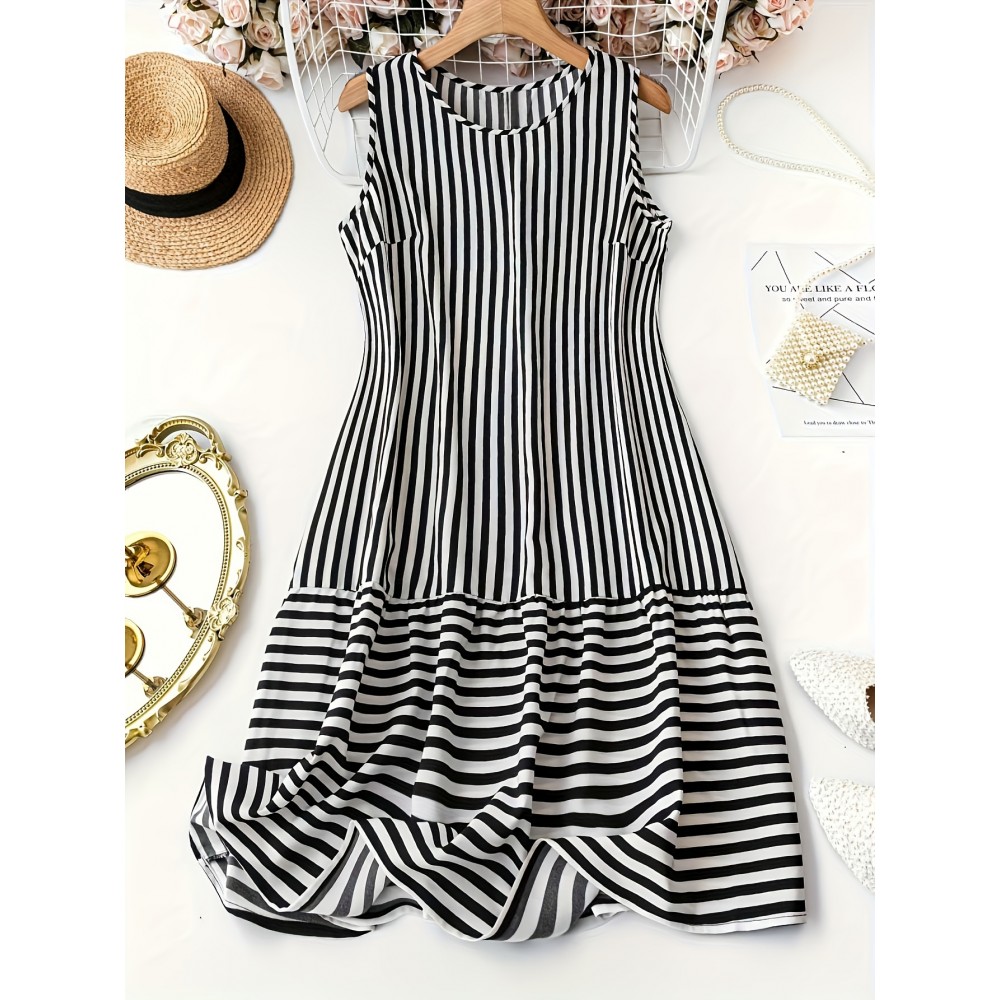 Plus Size Stripe Print Tank Dress - Relaxed Fit, Sleeveless Design for Warm Weather, Perfect for Spring and Summer - Designed for Women with Curves, Confident Fit, Everyday Wear Plus Size Stripe Print Tank Dress - Relaxed Fit, Sleeveless Design for Warm Weather, Perfect for Spring and Summer - Designed for Women with Curves, Confident Fit, Everyday Wear