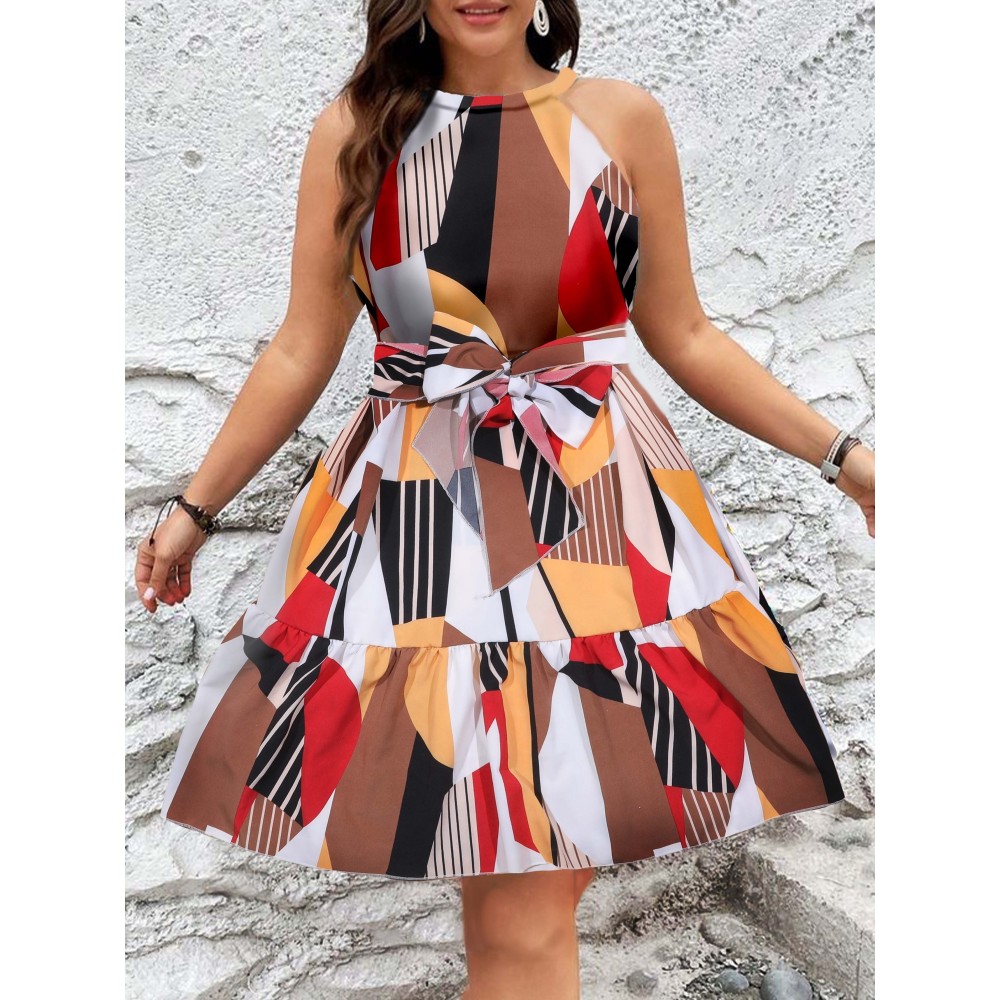 Plus Size Geo Print Halter Neck Dress, Elegant Sleeveless Belted Dress For Spring & Summer, Women's Plus Size Clothing Plus Size Geo Print Halter Neck Dress, Elegant Sleeveless Belted Dress For Spring & Summer, Women's Plus Size Clothing