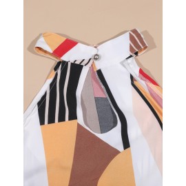 Plus Size Geo Print Halter Neck Dress, Elegant Sleeveless Belted Dress For Spring & Summer, Women's Plus Size Clothing Plus Size Geo Print Halter Neck Dress, Elegant Sleeveless Belted Dress For Spring & Summer, Women's Plus Size Clothing