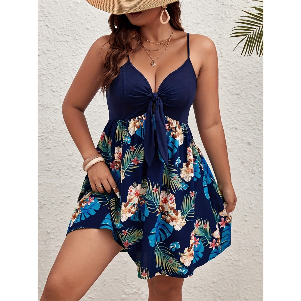 Plus Size Tropical Print Patchwork Cami Dress, Vacation Style Knot Front Sleeveless V Neck Dress For Spring & Summer, Women's Plus Size Clothing Plus Size Tropical Print Patchwork Cami Dress, Vacation Style Knot Front Sleeveless V Neck Dress For Spring & Summer, Women's Plus Size Clothing