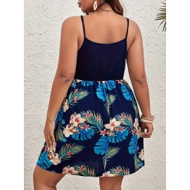 Plus Size Tropical Print Patchwork Cami Dress, Vacation Style Knot Front Sleeveless V Neck Dress For Spring & Summer, Women's Plus Size Clothing Plus Size Tropical Print Patchwork Cami Dress, Vacation Style Knot Front Sleeveless V Neck Dress For Spring & Summer, Women's Plus Size Clothing