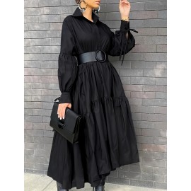 Plus Size Solid Color Collared Maxi Dress - Elegant Ruffle Hem Detailing, Comfortable Long Sleeve Design, Perfect for Casual Occasions - Suitable for Spring and Fall Seasons, Designed for Plus Size Women, Womens Clothing Collection
