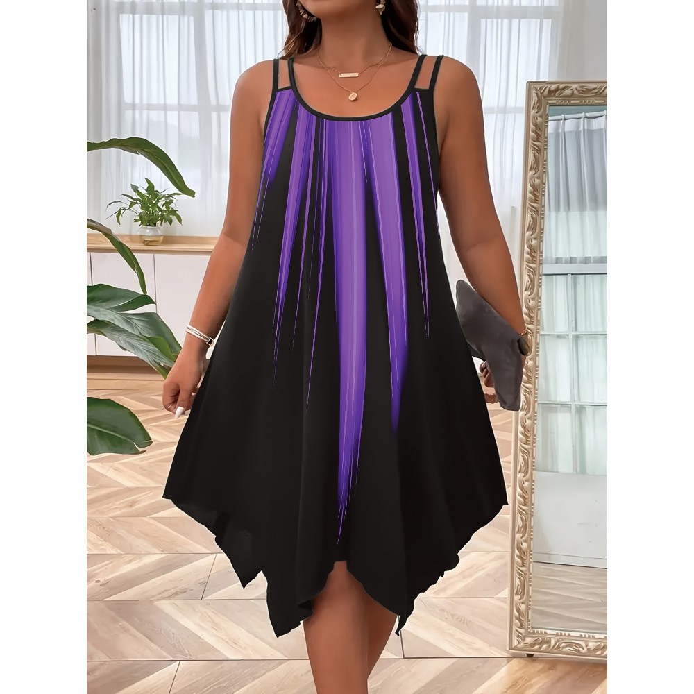 Plus Size Ombre Print Cami Slip Dress - Spaghetti Strap, Sleeveless, Crew Neck, Dual Strap, Asymmetrical Hem, Medium Stretch, Polyester, Random Printing, Vacation Style for Spring, Summer, and Fall Seasons Plus Size Ombre Print Cami Slip Dress - Spaghetti Strap, Sleeveless, Crew Neck, Dual Strap, Asymmetrical Hem, Medium Stretch, Polyester, Random Printing, Vacation Style for Spring, Summer, and Fall Seasons