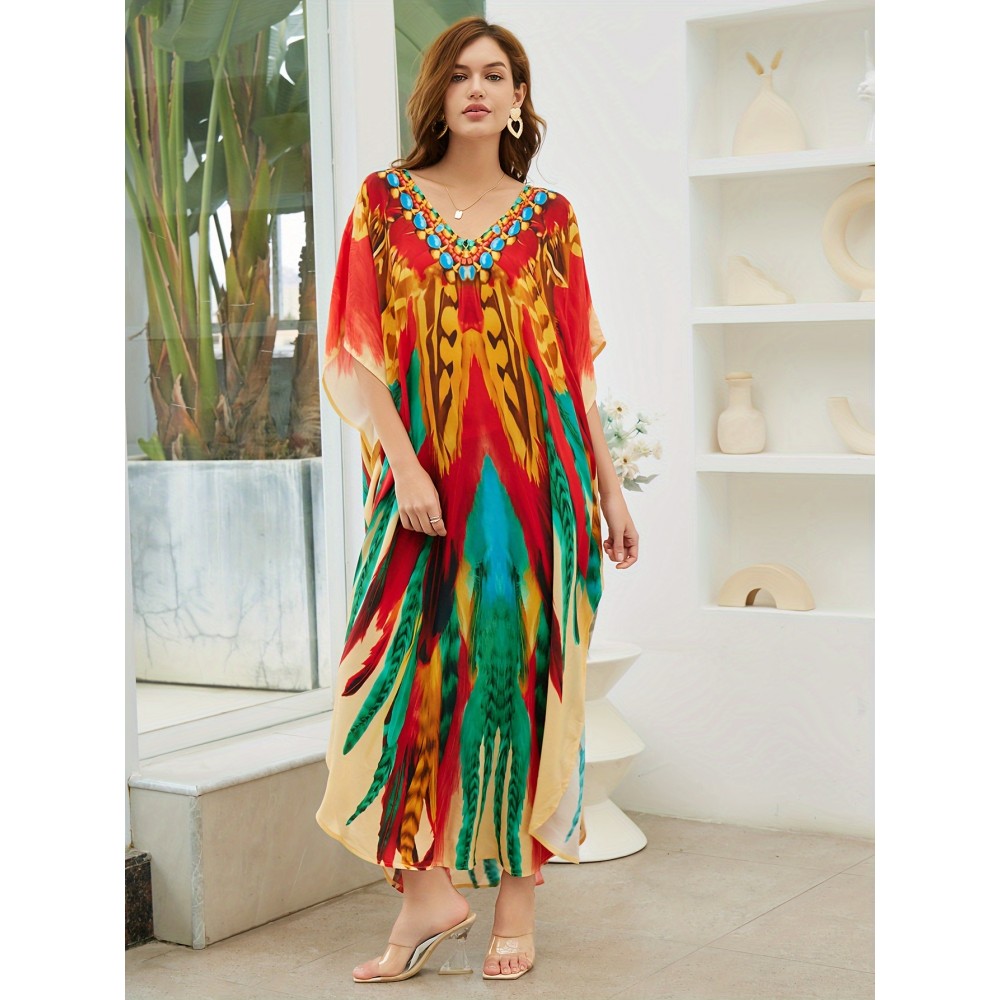 Plus Size Boho Chic Allover Print Loose Kaftan Dress - Relaxed, Comfortable Fit, Flattering V-Neckline, Dramatic Batwing Sleeves, Perfect Coverup for Any Occasion - Designed Exclusively for Women, Plus Size Friendly, Maxi Dress Plus Size Boho Chic Allover Print Loose Kaftan Dress - Relaxed, Comfortable Fit, Flattering V-Neckline, Dramatic Batwing Sleeves, Perfect Coverup for Any Occasion - Designed Exclusively for Women, Plus Size Friendly, Maxi Dress