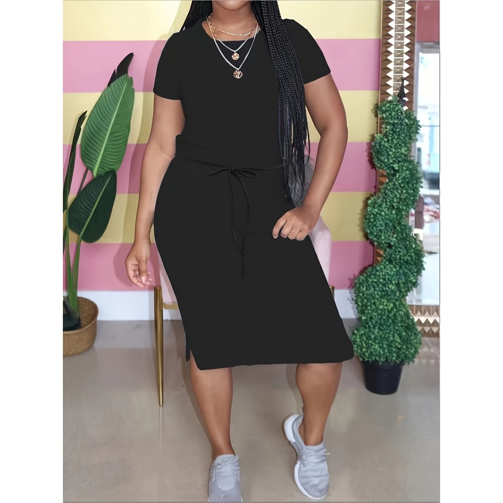 Plus Size Bodycon Crew Neck Belted Dress - Soft Medium Stretch Polyester, Casual Short Sleeve Solid Color Split Bodycon Dress for Spring & Summer - All-Season Wear, No Sheer, Knit Fabric, No Printing Plus Size Bodycon Crew Neck Belted Dress - Soft Medium Stretch Polyester, Casual Short Sleeve Solid Color Split Bodycon Dress for Spring & Summer - All-Season Wear, No Sheer, Knit Fabric, No Printing