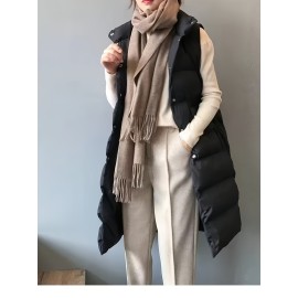 Plus Size Women's Puffer Vest - Casual Solid Color Front Button Down Design, Includes Scarf for Winter, Cozy and Warm