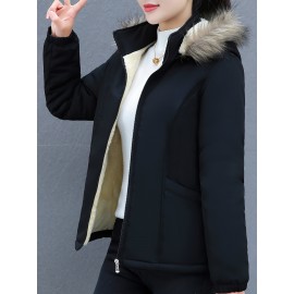Women's Short Sleeve Winter Coat , Faux Fur Hooded Jacket, Casual Polyester Pullover, Solid Color, Regular Fit, Long Sleeve, No Belt, Zipper Front, Winter Fashion