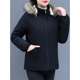 Women's Short Sleeve Winter Coat , Faux Fur Hooded Jacket, Casual Polyester Pullover, Solid Color, Regular Fit, Long Sleeve, No Belt, Zipper Front, Winter Fashion