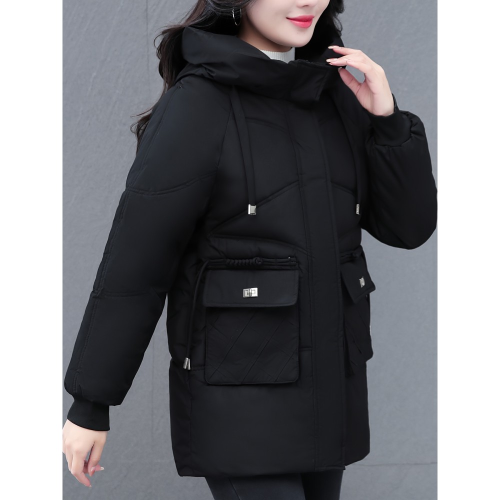 1pc Winter Women'S Casual Hooded Coat, Thickened Cotton Jacket with Zipper, Solid Color Polyester Non-Stretch Regular Length Outerwear 1pc Winter Women'S Casual Hooded Coat, Thickened Cotton Jacket with Zipper, Solid Color Polyester Non-Stretch Regular Length Outerwear