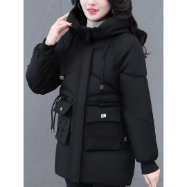 1pc Winter Women'S Casual Hooded Coat, Thickened Cotton Jacket with Zipper, Solid Color Polyester Non-Stretch Regular Length Outerwear 1pc Winter Women'S Casual Hooded Coat, Thickened Cotton Jacket with Zipper, Solid Color Polyester Non-Stretch Regular Length Outerwear