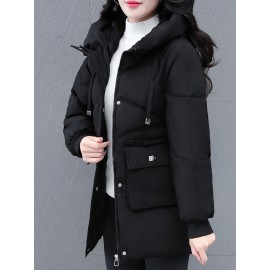 1pc Winter Women'S Casual Hooded Coat, Thickened Cotton Jacket with Zipper, Solid Color Polyester Non-Stretch Regular Length Outerwear 1pc Winter Women'S Casual Hooded Coat, Thickened Cotton Jacket with Zipper, Solid Color Polyester Non-Stretch Regular Length Outerwear