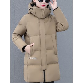 Elegant Plus Size Long Length Hooded Winter Coat with Zipper, 100% Polyester Non-Stretch Casual Style Jacket, Solid Color Warm Padded Outerwear with Regular Sleeves - Winter Collection Elegant Plus Size Long Length Hooded Winter Coat with Zipper, 100% Polyester Non-Stretch Casual Style Jacket, Solid Color Warm Padded Outerwear with Regular Sleeves - Winter Collection