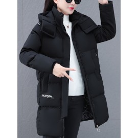Elegant Plus Size Long Length Hooded Winter Coat with Zipper, 100% Polyester Non-Stretch Casual Style Jacket, Solid Color Warm Padded Outerwear with Regular Sleeves - Winter Collection Elegant Plus Size Long Length Hooded Winter Coat with Zipper, 100% Polyester Non-Stretch Casual Style Jacket, Solid Color Warm Padded Outerwear with Regular Sleeves - Winter Collection