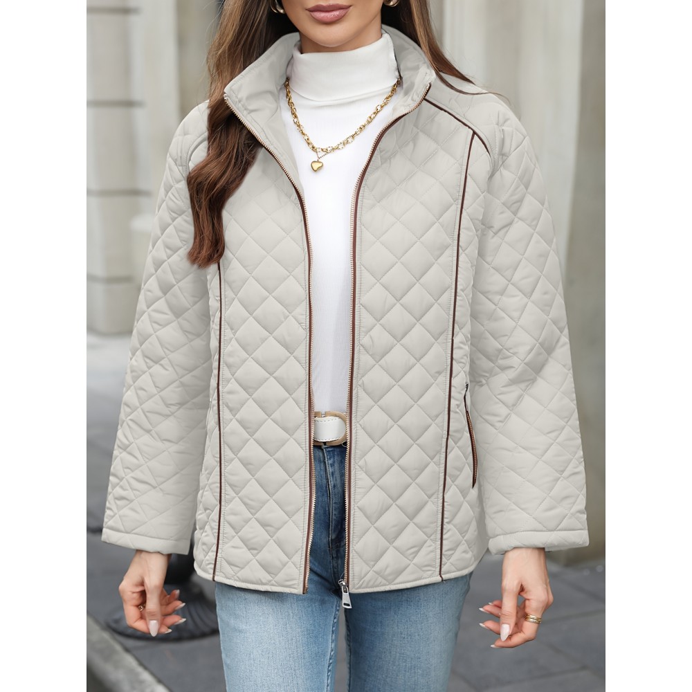 Women's Oversized Polyester Coat, Casual Hug Fit, Small Stand Collar, Long Sleeve, Zipper Closure, Autumn And Winter Warm Coat Women's Oversized Polyester Coat, Casual Hug Fit, Small Stand Collar, Long Sleeve, Zipper Closure, Autumn And Winter Warm Coat