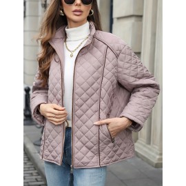 Women's Oversized Polyester Coat, Casual Hug Fit, Small Stand Collar, Long Sleeve, Zipper Closure, Autumn And Winter Warm Coat Women's Oversized Polyester Coat, Casual Hug Fit, Small Stand Collar, Long Sleeve, Zipper Closure, Autumn And Winter Warm Coat