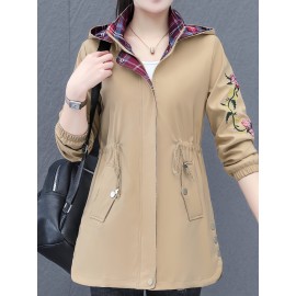 Plus Size Women's Floral Pattern Jacket - Casual Hooded Long Sleeve Outerwear with Zipper Front and Relaxed Fit Plus Size Women's Floral Pattern Jacket - Casual Hooded Long Sleeve Outerwear with Zipper Front and Relaxed Fit