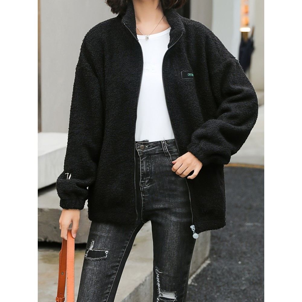 1pc Cozy Plus Size Women'S Casual Sherpa Jacket - Solid Color Polyester Knit Fabric with Slight Stretch, Stand Collar, Long Sleeve Zip-Up Top for Fall/Winter 1pc Cozy Plus Size Women'S Casual Sherpa Jacket - Solid Color Polyester Knit Fabric with Slight Stretch, Stand Collar, Long Sleeve Zip-Up Top for Fall/Winter