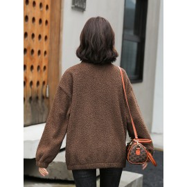 1pc Cozy Plus Size Women'S Casual Sherpa Jacket - Solid Color Polyester Knit Fabric with Slight Stretch, Stand Collar, Long Sleeve Zip-Up Top for Fall/Winter 1pc Cozy Plus Size Women'S Casual Sherpa Jacket - Solid Color Polyester Knit Fabric with Slight Stretch, Stand Collar, Long Sleeve Zip-Up Top for Fall/Winter