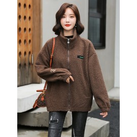 1pc Cozy Plus Size Women'S Casual Sherpa Jacket - Solid Color Polyester Knit Fabric with Slight Stretch, Stand Collar, Long Sleeve Zip-Up Top for Fall/Winter 1pc Cozy Plus Size Women'S Casual Sherpa Jacket - Solid Color Polyester Knit Fabric with Slight Stretch, Stand Collar, Long Sleeve Zip-Up Top for Fall/Winter