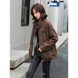 1pc Cozy Plus Size Women'S Casual Sherpa Jacket - Solid Color Polyester Knit Fabric with Slight Stretch, Stand Collar, Long Sleeve Zip-Up Top for Fall/Winter 1pc Cozy Plus Size Women'S Casual Sherpa Jacket - Solid Color Polyester Knit Fabric with Slight Stretch, Stand Collar, Long Sleeve Zip-Up Top for Fall/Winter