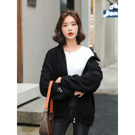 1pc Cozy Plus Size Women'S Casual Sherpa Jacket - Solid Color Polyester Knit Fabric with Slight Stretch, Stand Collar, Long Sleeve Zip-Up Top for Fall/Winter 1pc Cozy Plus Size Women'S Casual Sherpa Jacket - Solid Color Polyester Knit Fabric with Slight Stretch, Stand Collar, Long Sleeve Zip-Up Top for Fall/Winter