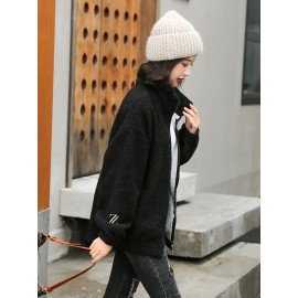 1pc Cozy Plus Size Women'S Casual Sherpa Jacket - Solid Color Polyester Knit Fabric with Slight Stretch, Stand Collar, Long Sleeve Zip-Up Top for Fall/Winter 1pc Cozy Plus Size Women'S Casual Sherpa Jacket - Solid Color Polyester Knit Fabric with Slight Stretch, Stand Collar, Long Sleeve Zip-Up Top for Fall/Winter