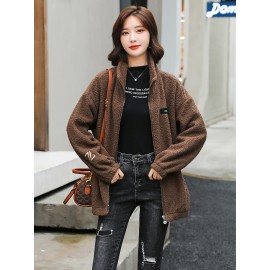 1pc Cozy Plus Size Women'S Casual Sherpa Jacket - Solid Color Polyester Knit Fabric with Slight Stretch, Stand Collar, Long Sleeve Zip-Up Top for Fall/Winter 1pc Cozy Plus Size Women'S Casual Sherpa Jacket - Solid Color Polyester Knit Fabric with Slight Stretch, Stand Collar, Long Sleeve Zip-Up Top for Fall/Winter