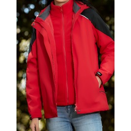 Women's Plus Size Outdoor 3-in-1 Jacket, Colorblock Waterproof Hooded Zip-up Windbreaker, Ideal For Autumn/Winter Hiking & Sports Women's Plus Size Outdoor 3-in-1 Jacket, Colorblock Waterproof Hooded Zip-up Windbreaker, Ideal For Autumn/Winter Hiking & Sports