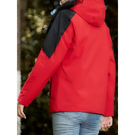 Women's Plus Size Outdoor 3-in-1 Jacket, Colorblock Waterproof Hooded Zip-up Windbreaker, Ideal For Autumn/Winter Hiking & Sports Women's Plus Size Outdoor 3-in-1 Jacket, Colorblock Waterproof Hooded Zip-up Windbreaker, Ideal For Autumn/Winter Hiking & Sports