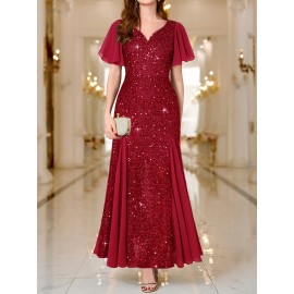 Elegant Sequin Sweetheart Neck Maxi Dress - Bodycon Fit, Micro Elastic Polyester, Puff Sleeves, Solid Color, Hand Wash - Perfect for Party & Banquet, Womens Clothing Elegant Sequin Sweetheart Neck Maxi Dress - Bodycon Fit, Micro Elastic Polyester, Puff Sleeves, Solid Color, Hand Wash - Perfect for Party & Banquet, Womens Clothing