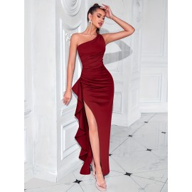Elegant One Shoulder Split Ruffle Hem Maxi Dress, Sleeveless Slim-Fit Party & Banquet Dress for Women Elegant One Shoulder Split Ruffle Hem Maxi Dress, Sleeveless Slim-Fit Party & Banquet Dress for Women