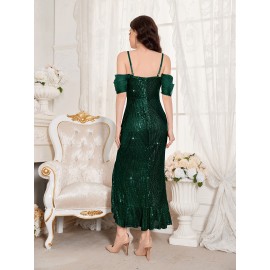 Stunning Sequined Fitted V-Neck Dress - Glamorous Ruffle Trim, Split Hem, Mid-Elastic Polyester Fabric, Elegant Solid Color Design for Wedding, Engagement, Party, and Banquet Occasions Stunning Sequined Fitted V-Neck Dress - Glamorous Ruffle Trim, Split Hem, Mid-Elastic Polyester Fabric, Elegant Solid Color Design for Wedding, Engagement, Party, and Banquet Occasions