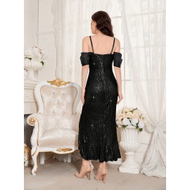 Stunning Sequined Fitted V-Neck Dress - Glamorous Ruffle Trim, Split Hem, Mid-Elastic Polyester Fabric, Elegant Solid Color Design for Wedding, Engagement, Party, and Banquet Occasions Stunning Sequined Fitted V-Neck Dress - Glamorous Ruffle Trim, Split Hem, Mid-Elastic Polyester Fabric, Elegant Solid Color Design for Wedding, Engagement, Party, and Banquet Occasions