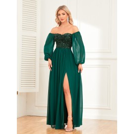 Women's Elegant Long-Sleeved Dress - Solid Color, Multi-Wear, One-Shoulder, High Slit, Tie, Fully Lined, Sequined Chiffon, Perfect for Wedding, Party, Cocktail Events