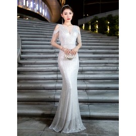 Stunning Sequined Bodycon Maxi Dress - Women's Clothing - Elegant Cold Shoulder, Mesh Splicing, Fringe Hem, Party & Banquet Perfect, Chic and Glamorous