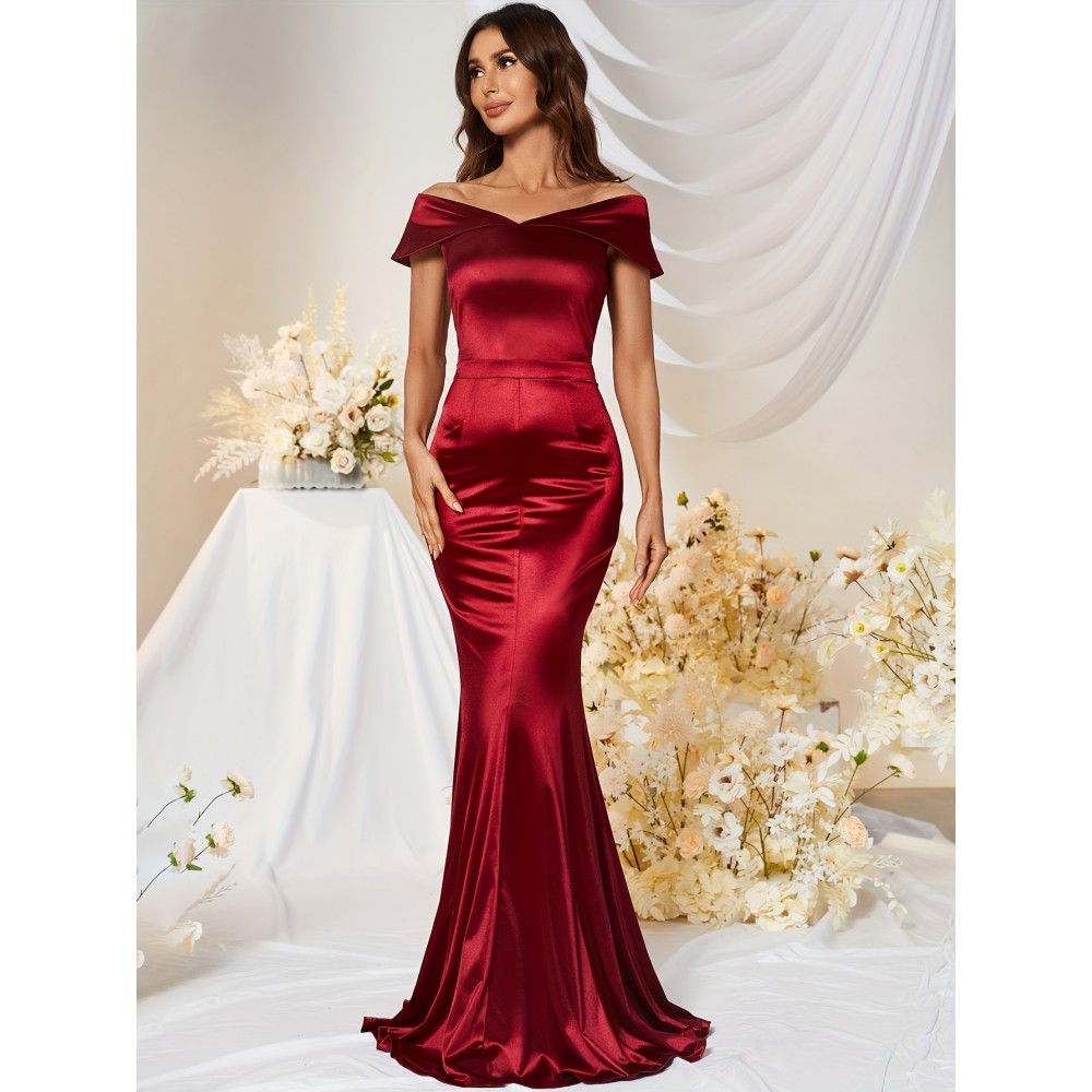 1pc MUXXN Elegant Satin Mermaid Gown for Women - Off the Shoulder Cap Sleeve Bodycon Floor-Length Dress, Solid Color Knit Fabric, All-Season Bodycon for Wedding Bridesmaid 1pc MUXXN Elegant Satin Mermaid Gown for Women - Off the Shoulder Cap Sleeve Bodycon Floor-Length Dress, Solid Color Knit Fabric, All-Season Bodycon for Wedding Bridesmaid
