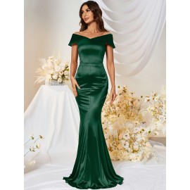1pc MUXXN Elegant Satin Mermaid Gown for Women - Off the Shoulder Cap Sleeve Bodycon Floor-Length Dress, Solid Color Knit Fabric, All-Season Bodycon for Wedding Bridesmaid 1pc MUXXN Elegant Satin Mermaid Gown for Women - Off the Shoulder Cap Sleeve Bodycon Floor-Length Dress, Solid Color Knit Fabric, All-Season Bodycon for Wedding Bridesmaid