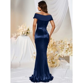1pc MUXXN Elegant Satin Mermaid Gown for Women - Off the Shoulder Cap Sleeve Bodycon Floor-Length Dress, Solid Color Knit Fabric, All-Season Bodycon for Wedding Bridesmaid 1pc MUXXN Elegant Satin Mermaid Gown for Women - Off the Shoulder Cap Sleeve Bodycon Floor-Length Dress, Solid Color Knit Fabric, All-Season Bodycon for Wedding Bridesmaid