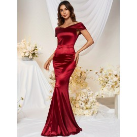 1pc MUXXN Elegant Satin Mermaid Gown for Women - Off the Shoulder Cap Sleeve Bodycon Floor-Length Dress, Solid Color Knit Fabric, All-Season Bodycon for Wedding Bridesmaid 1pc MUXXN Elegant Satin Mermaid Gown for Women - Off the Shoulder Cap Sleeve Bodycon Floor-Length Dress, Solid Color Knit Fabric, All-Season Bodycon for Wedding Bridesmaid