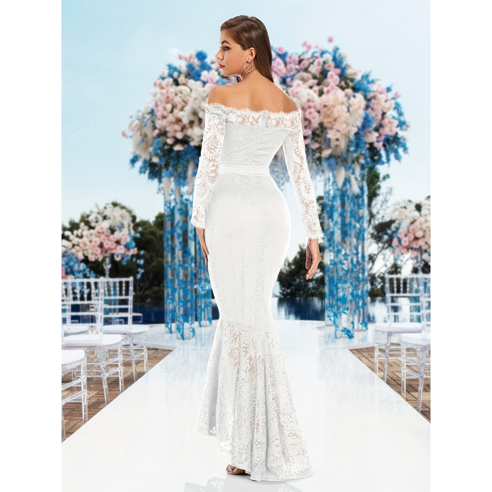 Elegant Off-Shoulder Lace Mermaid Dress for Women - Long Sleeve, Bodycon Fit with Fish Tail Hem, Perfect for Parties & Bridesmaids Elegant Off-Shoulder Lace Mermaid Dress for Women - Long Sleeve, Bodycon Fit with Fish Tail Hem, Perfect for Parties & Bridesmaids