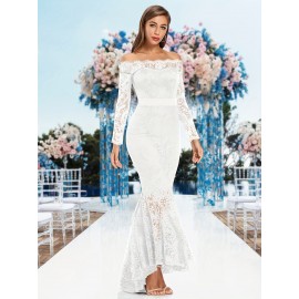Elegant Off-Shoulder Lace Mermaid Dress for Women - Long Sleeve, Bodycon Fit with Fish Tail Hem, Perfect for Parties & Bridesmaids Elegant Off-Shoulder Lace Mermaid Dress for Women - Long Sleeve, Bodycon Fit with Fish Tail Hem, Perfect for Parties & Bridesmaids
