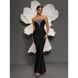 Shiny Sequin Slim Fit Formal Dress, Elegant Strapless Ankle Length Evening Dress For Party & Banquet, Women's Clothing Shiny Sequin Slim Fit Formal Dress, Elegant Strapless Ankle Length Evening Dress For Party & Banquet, Women's Clothing