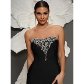 Shiny Sequin Slim Fit Formal Dress, Elegant Strapless Ankle Length Evening Dress For Party & Banquet, Women's Clothing Shiny Sequin Slim Fit Formal Dress, Elegant Strapless Ankle Length Evening Dress For Party & Banquet, Women's Clothing