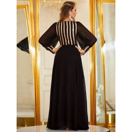 Elegant V-Neck Long Sleeve Dress with Sequin Detail - Polyester & Elastane Blend, Perfect for Parties & Banquets Elegant V-Neck Long Sleeve Dress with Sequin Detail - Polyester & Elastane Blend, Perfect for Parties & Banquets