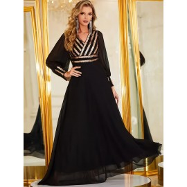 Elegant V-Neck Long Sleeve Dress with Sequin Detail - Polyester & Elastane Blend, Perfect for Parties & Banquets Elegant V-Neck Long Sleeve Dress with Sequin Detail - Polyester & Elastane Blend, Perfect for Parties & Banquets