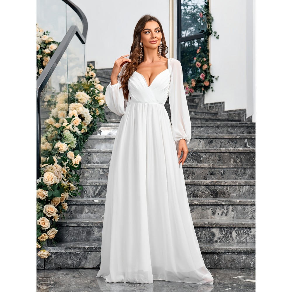 1pc Elegant White Chiffon V-Neck Fitted Wedding Dress for Mother - All-Season Solid Color Woven Gown, Perfect for Adult 1pc Elegant White Chiffon V-Neck Fitted Wedding Dress for Mother - All-Season Solid Color Woven Gown, Perfect for Adult